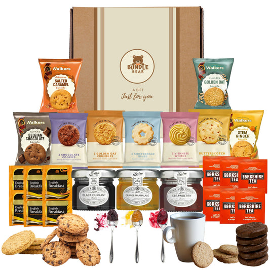Afternoon Tea Hamper Gift Set – 9 Biscuit Twin Packs, 3 Fruit Jam Pots & 12 Premium Tea Bags – Luxury British Treat Box, Gift Hamper for Women, Men & Couples – Thank You Hamper