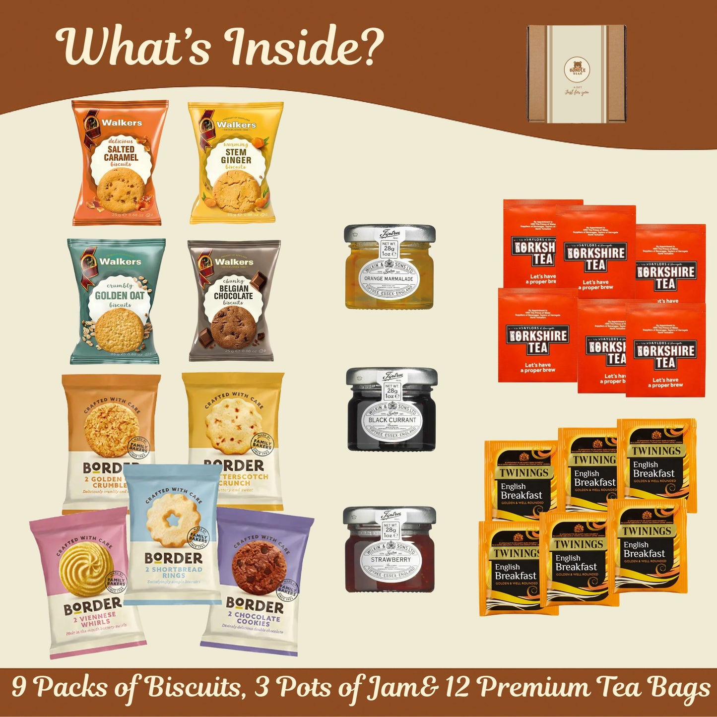 Afternoon Tea Hamper Gift Set – 9 Biscuit Twin Packs, 3 Fruit Jam Pots & 12 Premium Tea Bags – Luxury British Treat Box, Gift Hamper for Women, Men & Couples – Thank You Hamper