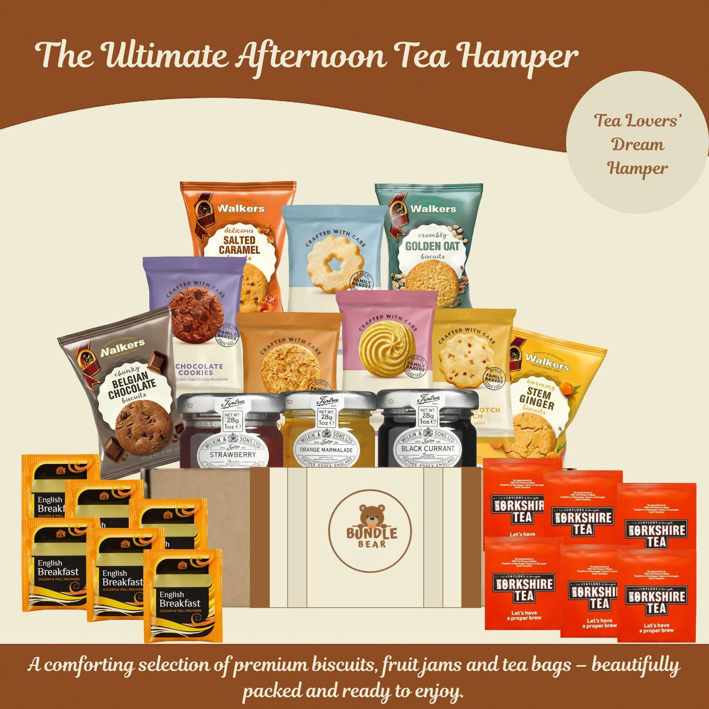 Afternoon Tea Hamper Gift Set – 9 Biscuit Twin Packs, 3 Fruit Jam Pots & 12 Premium Tea Bags – Luxury British Treat Box, Gift Hamper for Women, Men & Couples – Thank You Hamper