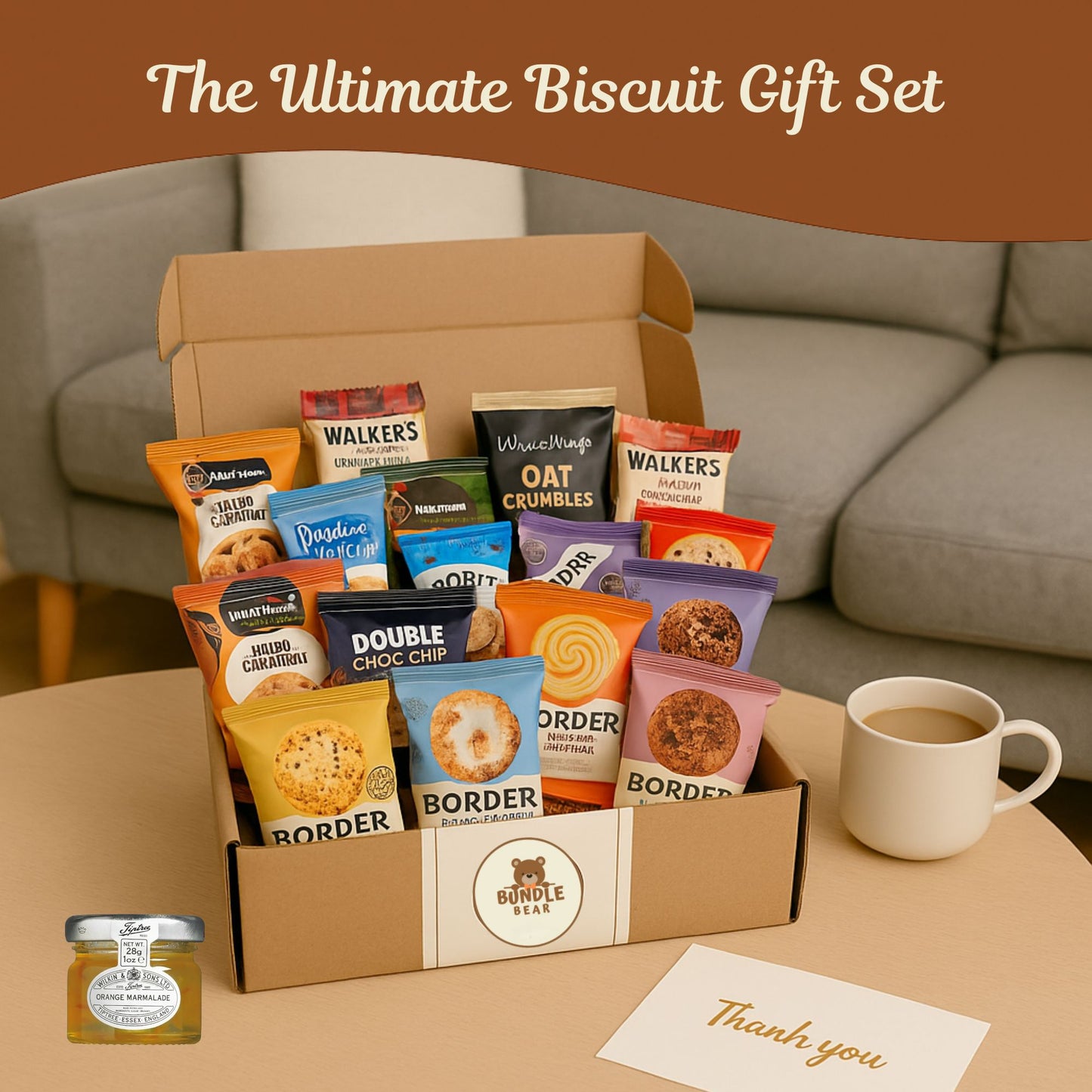 Afternoon Tea Hamper Gift Set – 9 Biscuit Twin Packs, 3 Fruit Jam Pots & 12 Premium Tea Bags – Luxury British Treat Box, Gift Hamper for Women, Men & Couples – Thank You Hamper