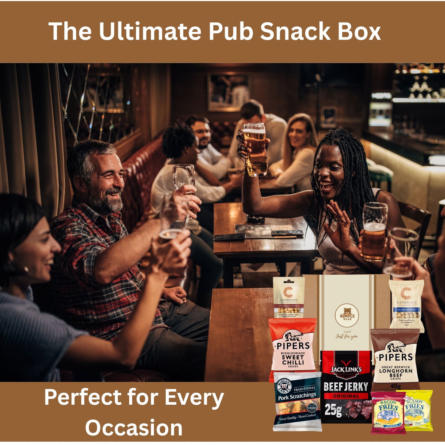 Pub Snacks Hamper for Men - Savoury Snack Gift Box with Beef Jerky, Pork Scratchings, Pipers Crisps, Cambrook Nuts, and More