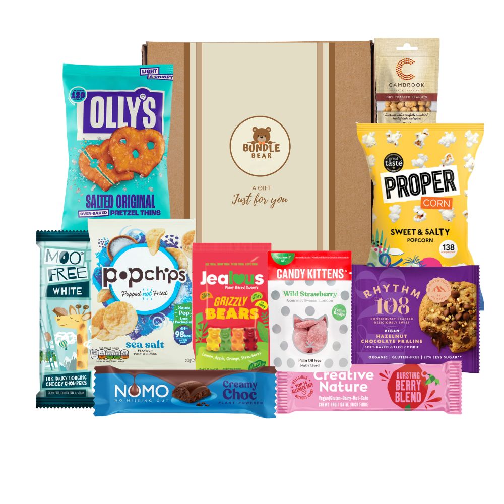 Vegan Hamper Snack Box, Chocolate, Sweets, Crisps & Nuts Gift Selection by Bundle Bear, Vegan Chocolate Gifts & Plant Based Treats, Vegetarian Snack Gift Box for Women & Men