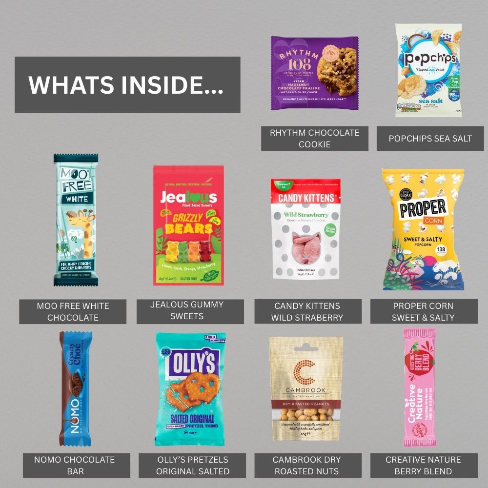 Vegan Hamper Snack Box, Chocolate, Sweets, Crisps & Nuts Gift Selection by Bundle Bear, Vegan Chocolate Gifts & Plant Based Treats, Vegetarian Snack Gift Box for Women & Men