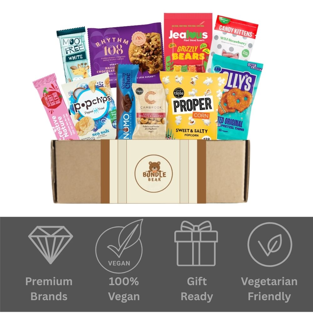 Vegan Hamper Snack Box, Chocolate, Sweets, Crisps & Nuts Gift Selection by Bundle Bear, Vegan Chocolate Gifts & Plant Based Treats, Vegetarian Snack Gift Box for Women & Men