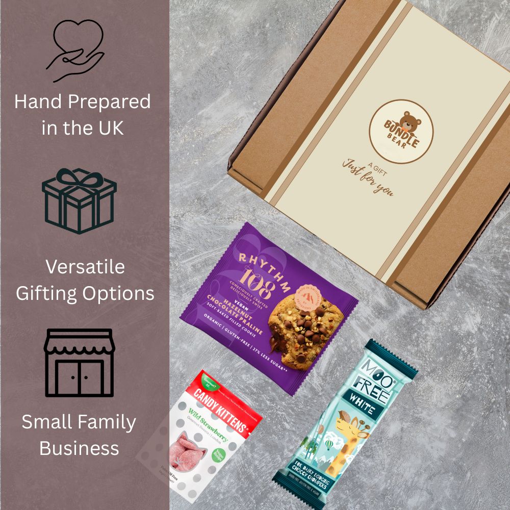 Vegan Hamper Snack Box, Chocolate, Sweets, Crisps & Nuts Gift Selection by Bundle Bear, Vegan Chocolate Gifts & Plant Based Treats, Vegetarian Snack Gift Box for Women & Men