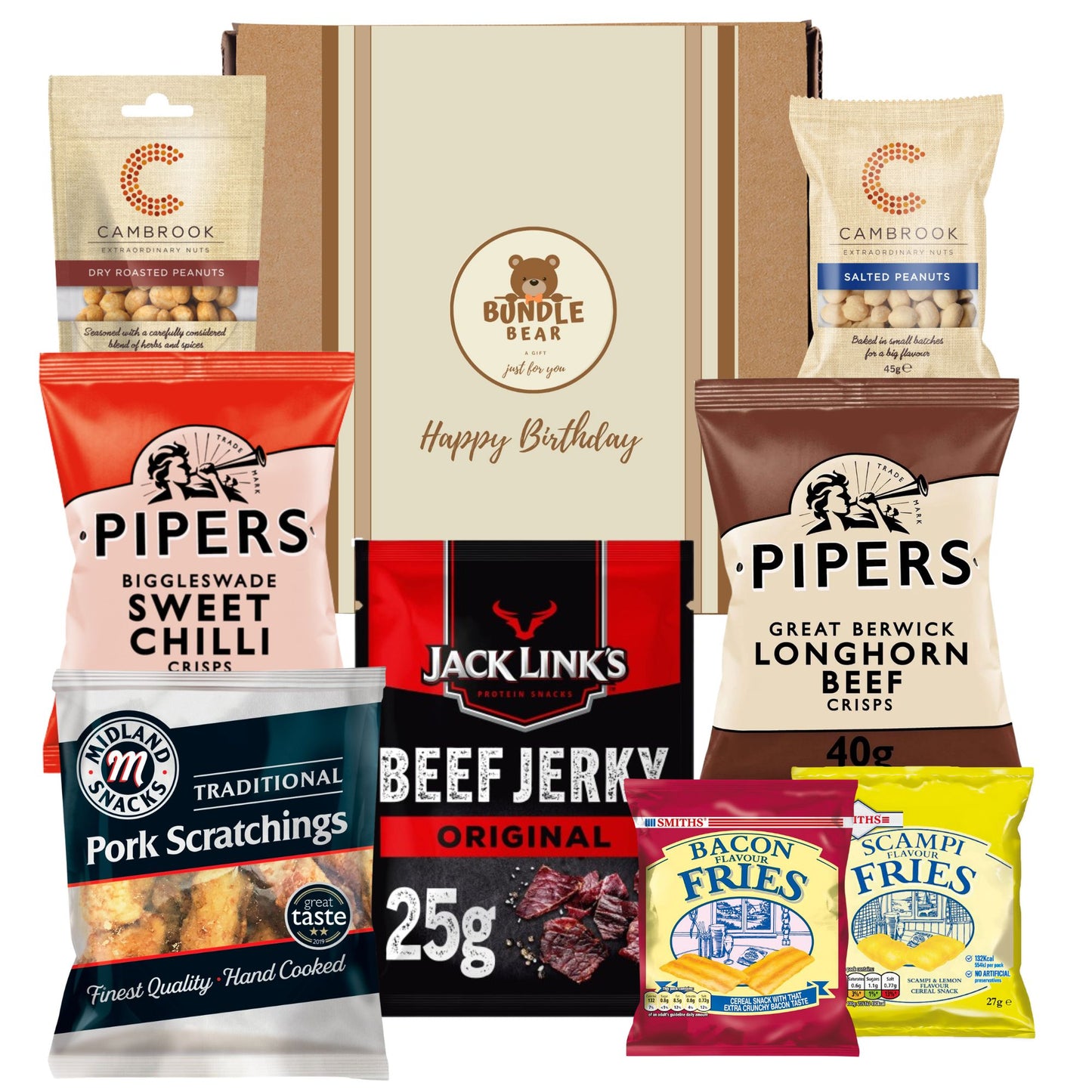 Pub Snacks Hamper for Men - Savoury Snack Gift Box with Beef Jerky, Pork Scratchings, Pipers Crisps, Cambrook Nuts, and More
