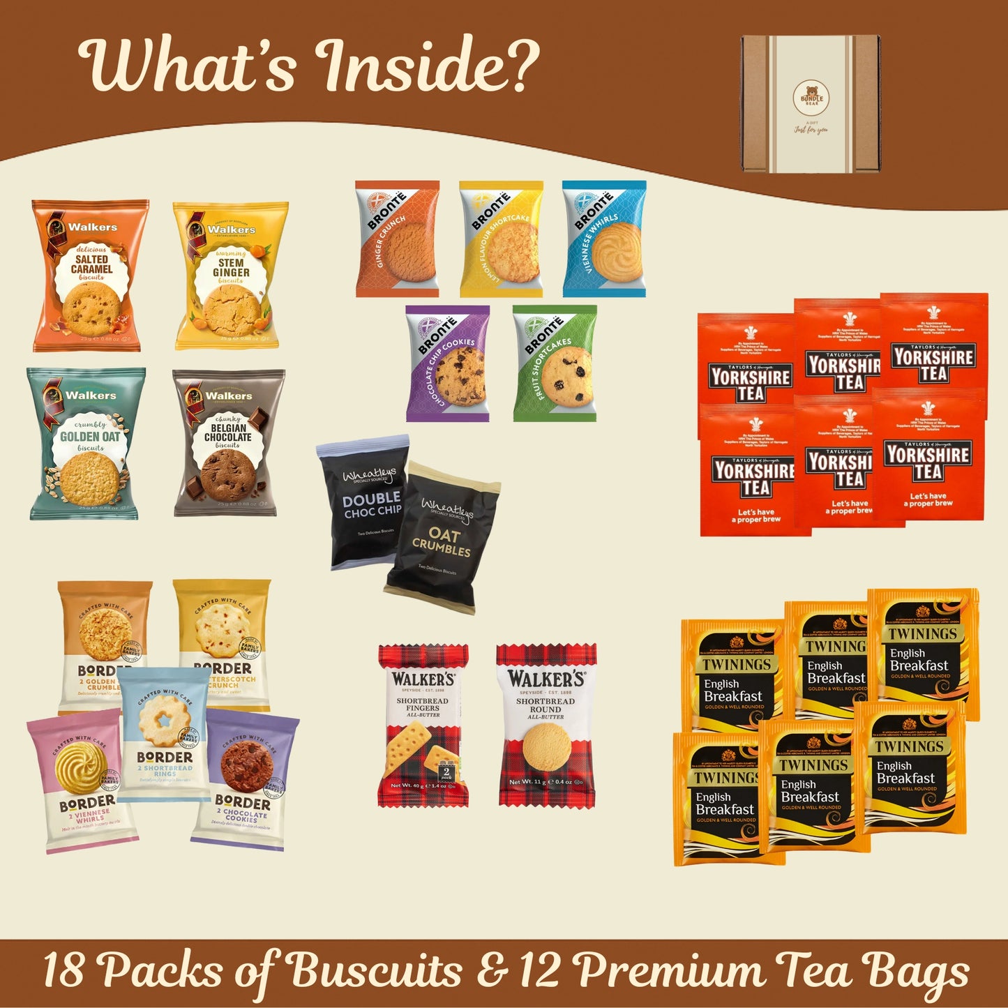 Tea & Biscuits Gift Set – Afternoon Tea Hamper with Assorted Biscuits & 12 Premium Tea Bags (Twinings & Yorkshire) – Gift Hamper for Women, Men & Couples – Thank You Hamper