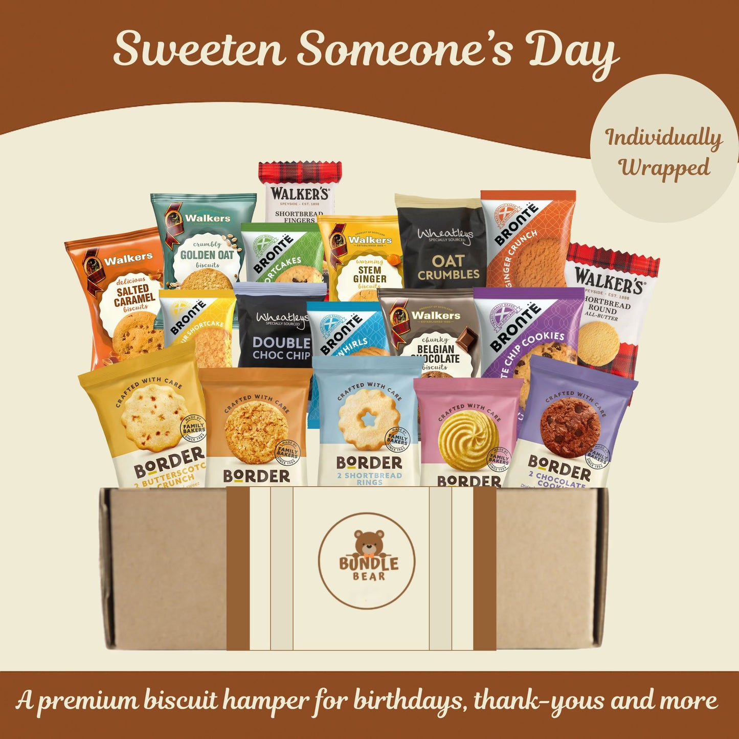 Biscuit Gift Set Hamper – Bundle Bear Biscuit Hamper including 18 Snack Twin Packs – Border Biscuits, Shortbread & Individually Wrapped Cookies/Birthday Hampers for Women & Men