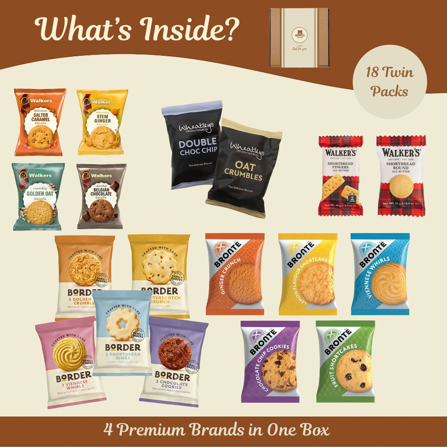 Biscuit Gift Set Hamper – Bundle Bear Biscuit Hamper including 18 Snack Twin Packs – Border Biscuits, Shortbread & Individually Wrapped Cookies/Birthday Hampers for Women & Men