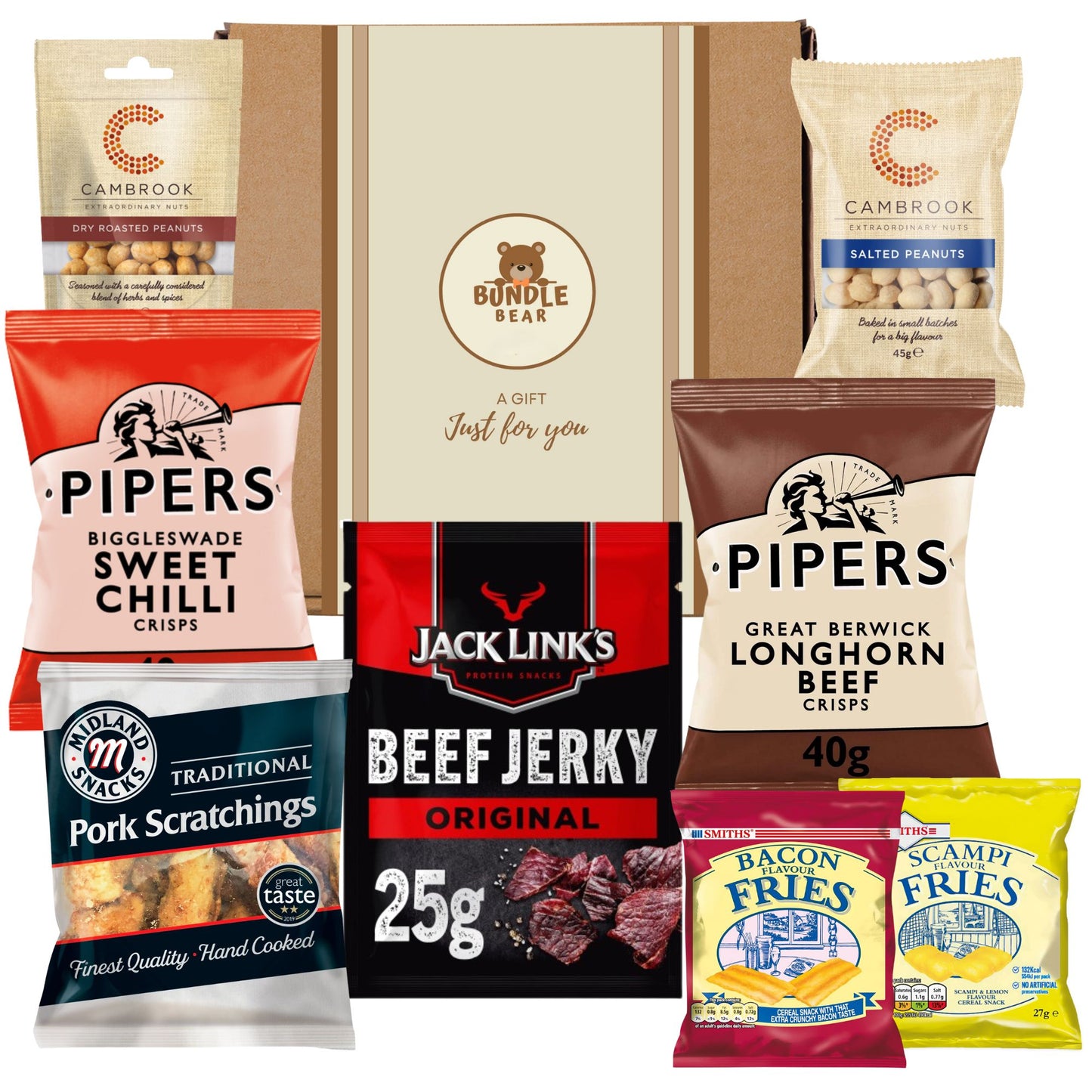 Pub Snacks Hamper for Men - Savoury Snack Gift Box with Beef Jerky, Pork Scratchings, Pipers Crisps, Cambrook Nuts, and More