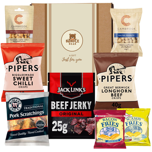 Pub Snacks Hamper for Men - Savoury Snack Gift Box with Beef Jerky, Pork Scratchings, Pipers Crisps, Cambrook Nuts, and More