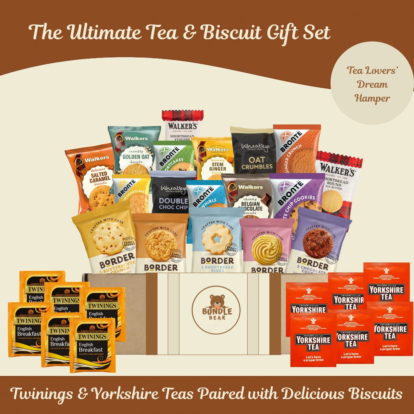 Tea & Biscuits Gift Set – Afternoon Tea Hamper with Assorted Biscuits & 12 Premium Tea Bags (Twinings & Yorkshire) – Gift Hamper for Women, Men & Couples – Thank You Hamper
